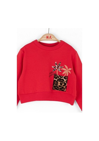Nk Kids Kız Bebek Pamuklu Leopar Cep Detaylı Sweatshirt-14789 Kırmızı
