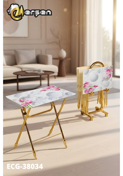 Eranş Serisi 4'lü Katlanır Cam Daire Ve Çiçek Desen Çanta Zigon Sehpa Gold Ayak Daire Ve Çiçek Desen Gold