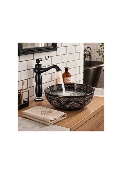 Rena Design Rustik Siyah Çanak Lavabo Bataryası Banyo Yüksek Musluk Porselen Işleme Armatür Otantik Retro