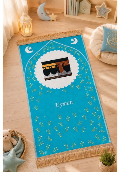 Çantalı Erkek Çocuk İbadet Seti Mavi Kabe Motifli İsimli Seccade Orta Boy Kuranı Kerim Tesbihli