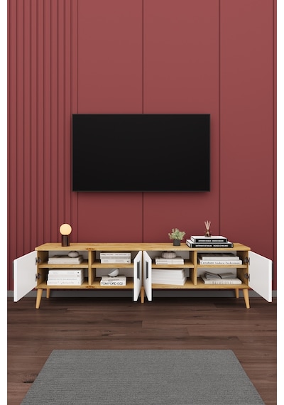 Asra Trend Tv Ünitesi T-03 %100 MDF 160 cm Tv Sehpası 4 Kapaklı Raflı Beyaz-Petra