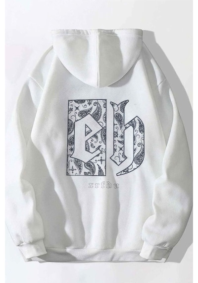 Altamira Unisex Beyaz Eh Sırt Baskılı Oversize Kapşonlu Sweatshirt 001