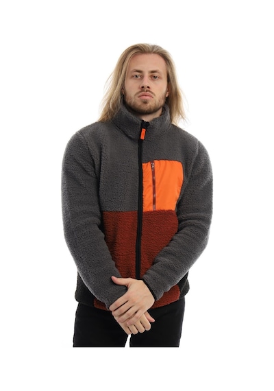 Polostate Erkek Dik Yaka Parçalı Peluş Polar Ceket Gri