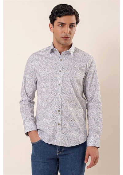 İmza Mavi Uzun Kollu Baskılı Sert Yaka Cepsiz Pamuklu Likralı Casual Slim Fit Gömlek 1004230135-mavi Mavi