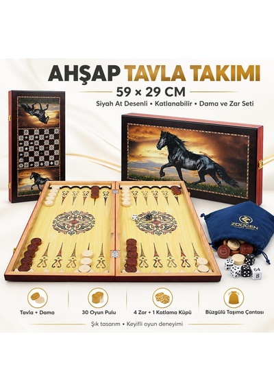 Büyük Boy Doğal Ahşap Tavla Ve Dama Seti Siyah At Desenli Katlanabilir Hediyelik & Dekoratif Set