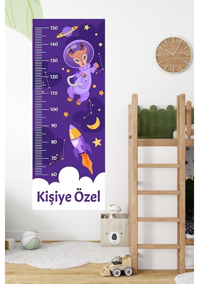 Kişiye Özel Yavru Geyik Temalı Dekoratif Çocuk Boy Ölçer Sticker Duvar Cetveli Takip Çizelgesi Mor