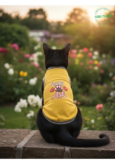 Sarı Renkli Patili Aşk Baskılı Kedi Ve Köpek Kıyafeti Tişörtü Elbisesi Medium/m/beden 2