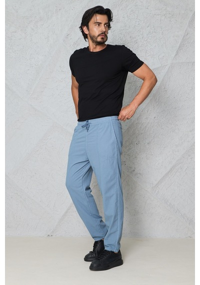 Blayn Jeans Erkek Haki Jogger Pantolon Beli Lastikli Bağcıklı %100 Pamuk Keten Baggy Rahat Günlük Pantolon Buz Mavi