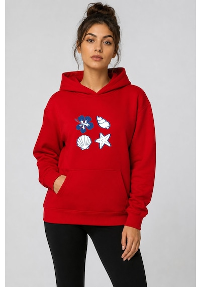 Herkesemoda Deniz Kabukları Baskılı Kapüşonlu 2 İplik Şardonlu Sweatshirt Kırmızı