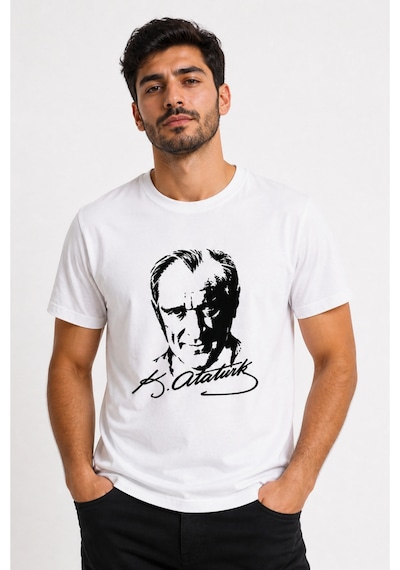 Westicgiyim Atatürk Baskılı Beyaz Tişört Kadın Unisex %100 Pamuk Rahat Kalıp Günlük T-shirt