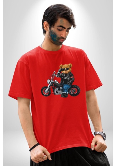 Kask Güneş Gözlüğü Motor Ayı Pamuklu Bisiklet Yaka Unisex Oversize Boyfriend Dijital Baskılı Kırmızı T-shirt Kırmızı