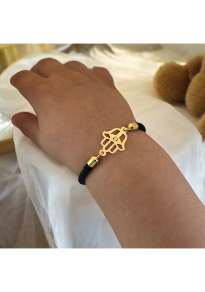 O Harfine Özel 14 Ayar Altın Plakalı Siyah İpek Örgülü Hamsa Motifli Hediye Bileklik-509harf O