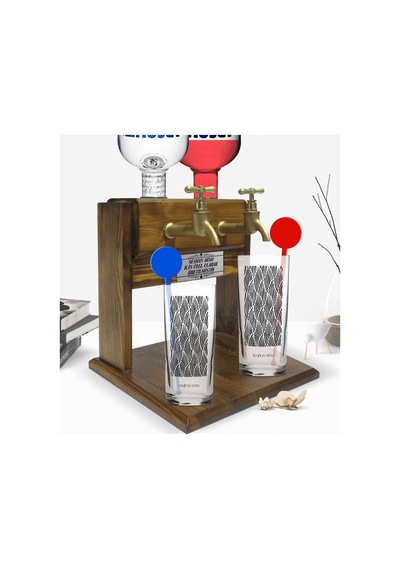 Kişiye Özel Renkli Baskılı İsimli İkili Vodka Bardağı Ve Çift Musluklu Doğal Ahşap Vodka Standı-126
