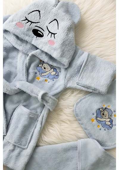 Bear Mavi %100 Pamuk Bebek Banyo Seti 0 - 24 Ay