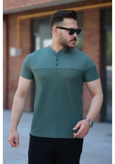 Erkek Hakim Yakalı Kısa Kollu Pamuklu T-shirt Yeşil