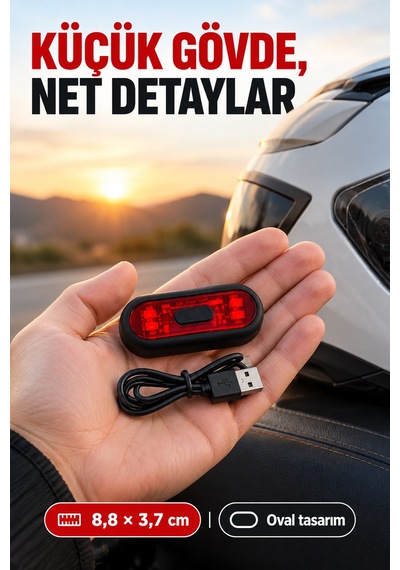 Usb Şarjlı Kırmızı Led Kask Işığı Açma Kapama Düğmeli Siyah Oval Kask Flaşörü Usb Kablolu 8,8x3,7 Cm
