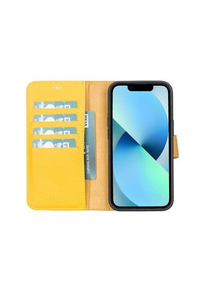 Apple İphone 13 Uyumlu Deri Cüzdanlı Kılıf Limon Sarı