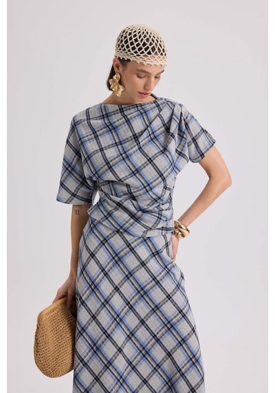 Mai Collection Petunya Ekoseli Mavi Crop Etek Takım mavi