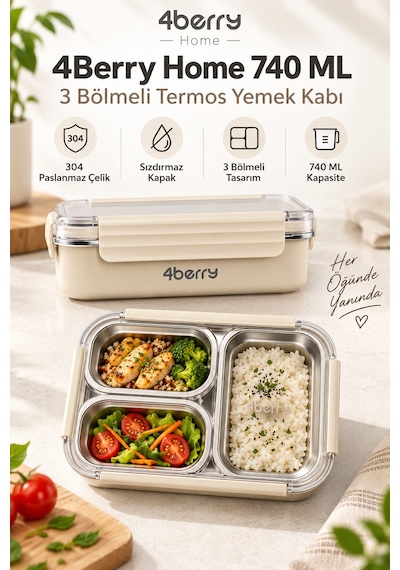 4berry Home 740 Ml 3 Bölmeli 304 Paslanmaz Çelik Termos Yemek Kabı Sızdırmaz Kapaklı, Isı Korumalı Beslenme Kutusu Krem-bej