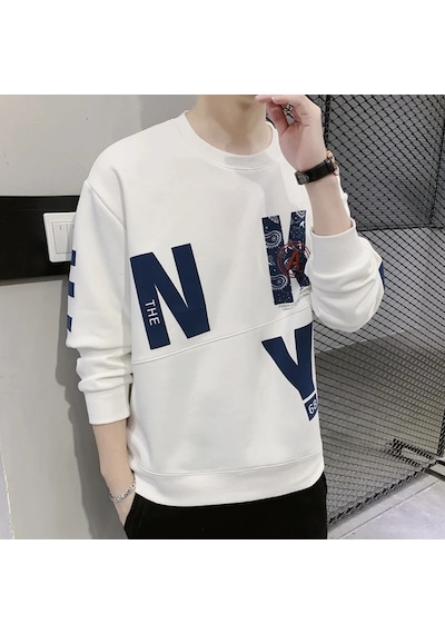 Startmore Tarzsokak İlkbahar Ve Sonbahar Erkek Kazak Yuvarlak Boyun Yeni Patchwork Mektup Baskılı Hoodie Gevşek M Beyaz