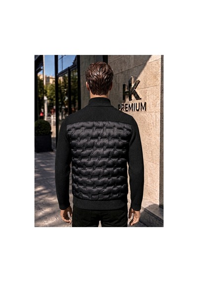 Hk Premium Erkek Mont Daire Baskı Örme Triko %100 Polyester Dik Yaka Ceket Siyah