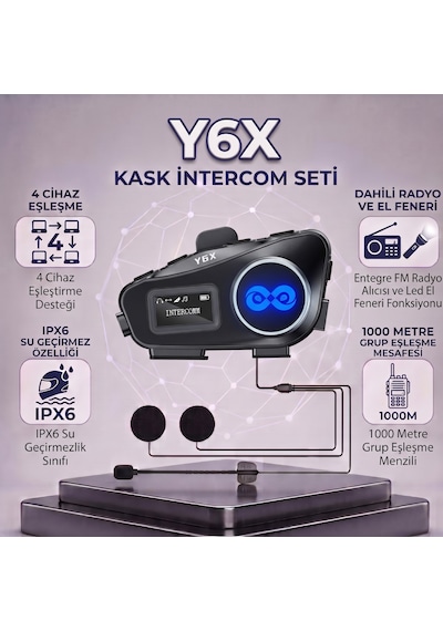 Y6x Kask Intercom Seti - 4 Cihaz 1000m Grup Eşleşme, Fm Radyo & Ipx6 Su Geçirmez