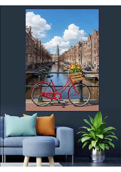 Ahşap Tablo Amsterdam Kanalları Ve Bisikletli Şehir Manzarası