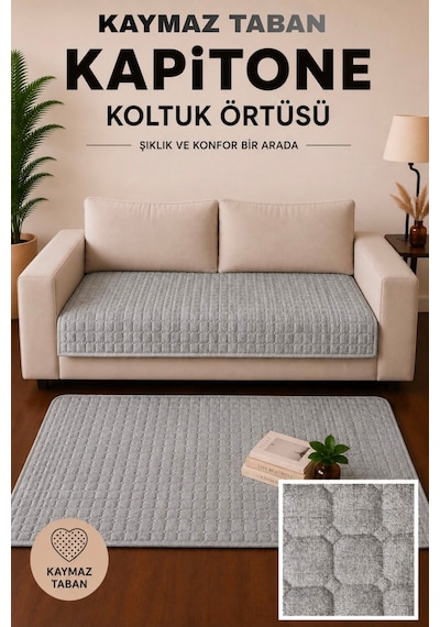 Kare Desenli Tek Parça Kaymaz Taban Kapitone Koltuk Örtüsü Çekyat Kanepe Örtüsü 70x190 Gri Gri