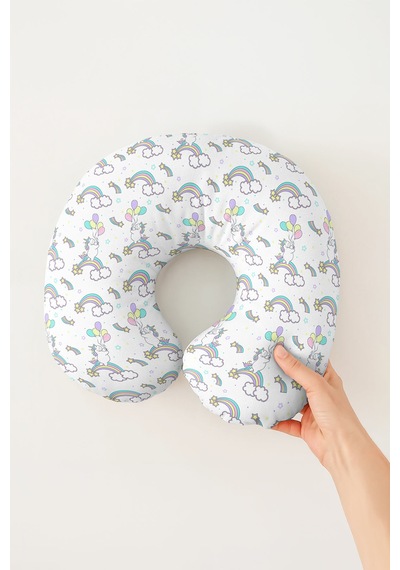 Unicorn Gökkuşağı Desenli Boyun Yastığı - Pastel Renkli Bulut Temalı Seyahat Yastığı Yosunlu Açık Bej