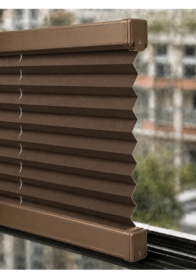 Plise Perde Kahverenk Kumaş + Bronz Profil Kasa Cam Balkon Perdesi