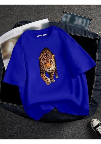 Kaplan Baskılı Oversize Unisex Tişört Saks Mavisi