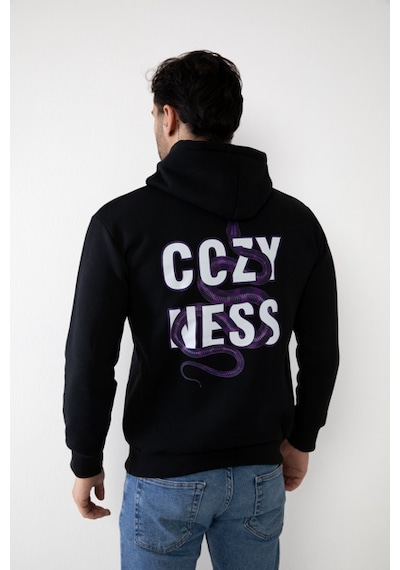 Erkek Siyah Renk Kapşonlu Baskılı Sweatshirt Siyah