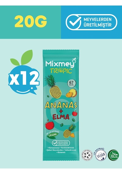 Mixmey Ananas Meyve Barı 12 Adet | Atıştırmalıklar – Vegan, Glutensiz, Koruyucusuz 20gr X 12 Adet