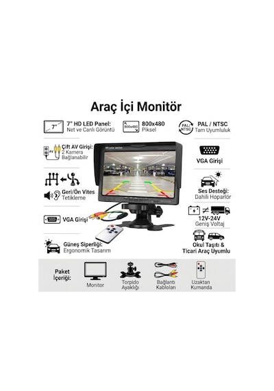 7" İnç Ayaklı Araç İçi Ön Kamera Ve Okul Taşıtı Monitörü Hd Led Panel Çift Kamera Girişli Vga Ses Girişli 12v-24v
