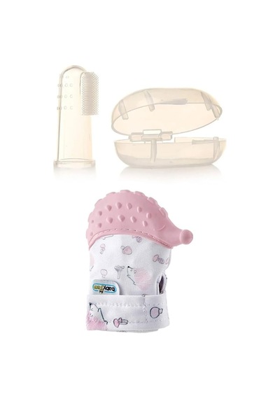 Diş Kaşıyıcı Eldiven Kirpi Pembe + Bebek Parmak Diş Fırçası, Saklama Kutulu, Doğumdan İtibaren Genel