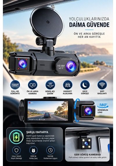 Ön Arka Kamera 1080p Full Hd Wifi 180 Geniş Açı Şarjlı - Lisinya