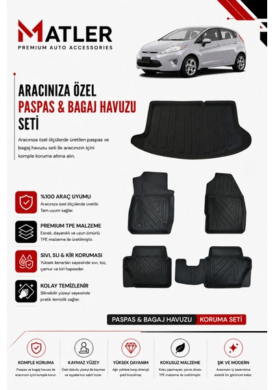 Ford Fiesta 2012 Model 4d Ekstra Havuzlu Paspas Ve Bagaj Havuzu Set