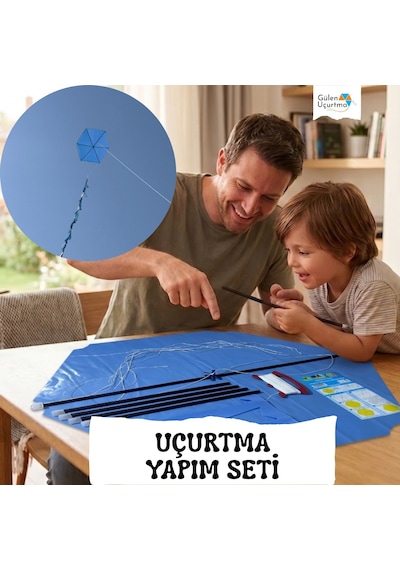 Uçurtma Yapım Seti / Naylon Altıgen / Plastik Çıtalı / Mavi