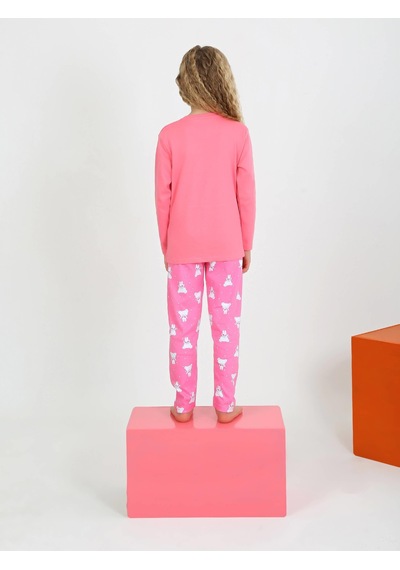 Kız Çocuk Uzun Kollu Fiyonklu Ayıcık Model Pijama Takımı Fuşya