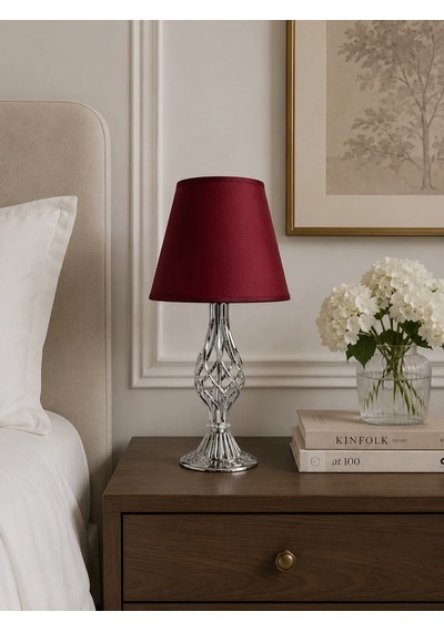 Bordo Kumaş Başlık Metal Burgu Ayaklı Modern Abajur 50x25 Cm