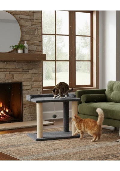 Reyo Pet Teraslı Yataklı Ponponlu Kedi Tırmalaması Antrasit