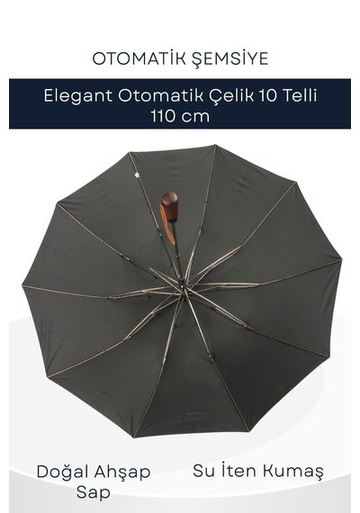 Newdaki Ahşap Sap 110 Cm Elegant Otomatik Çelik 10 Telli Siyah Şemsiye Rüzgar Korumalı Ponçi Kumaş Siyah