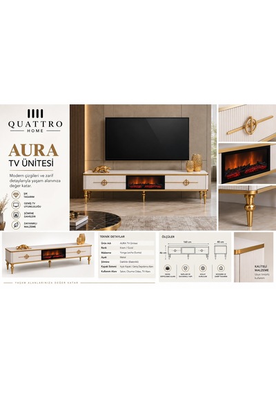 Aura Şömineli Tv Ünitesi Krem Gold Metal Ayaklı Modern Tasarım 160 Cm