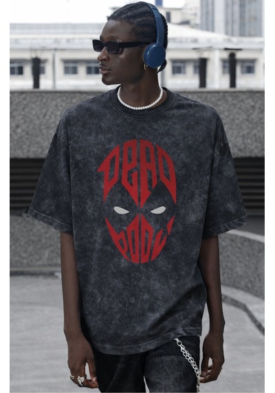Tasarım Film Kahramanı Deadpool Maske Baskılı Unisex Oversize Vin Siyah