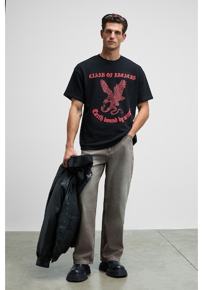 Grimelange GUSI Erkek Önü Kabaran Baskılı %100 Organik Pamuk Oversize Fit Bisiklet Yaka Siyah T-Shirt