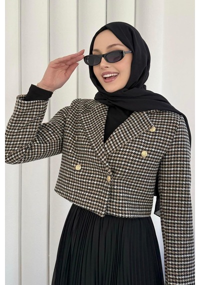 Madame Sare Kruvaze Yaka Kazayağı Desen Krop Ceket-kahverengi