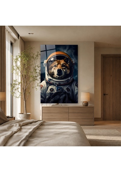 Astronot Giysili Köpek Çerçevesiz Cam Tablo