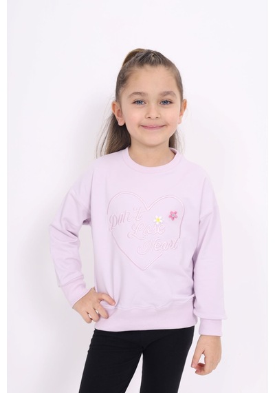 Toontoy Kız Çocuk Relax Fit Bisiklet Yaka Hafif Düşük Omuz Nakış Baskılı Sweatshirt - 2 İplik Açık Lila