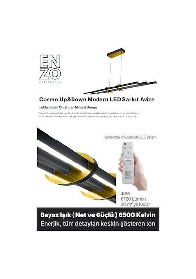 Cosmo Gold Lineer Led Sarkıt Avize Kumandalı Dim Edilebilir Yukarı & Aşağı Işık Beyaz Işık
