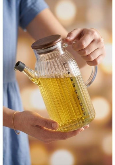 Atbyhome Akasya Kapaklı Çizgili Borosilikat Cam Yağdanlık 1000 Ml - Kulplu Damlatmaz Ölçülü Yağ Şişesi Sirkelik